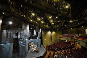 We have the perfect view of the theater from the balcony.